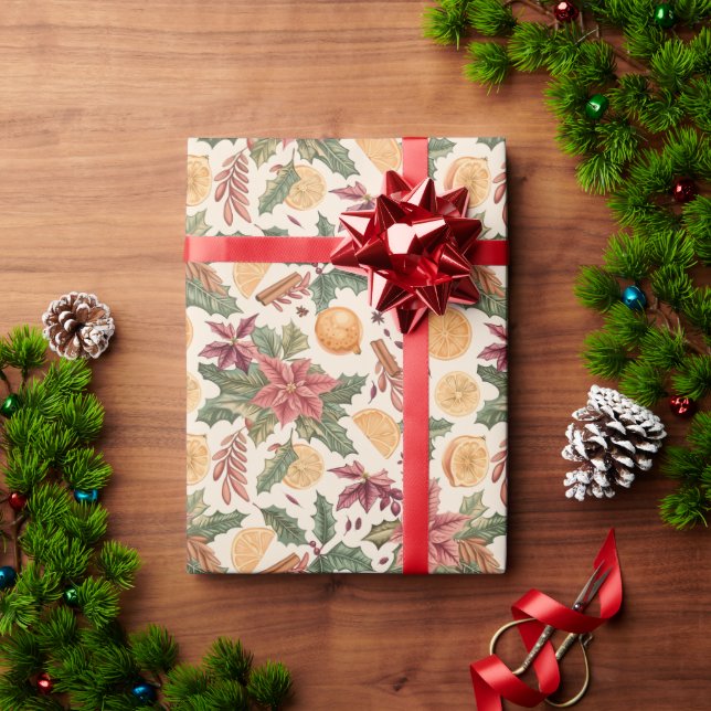 A Floral Pattern With Holly, and Oranges Wrapping Paper (Holiday Gift)