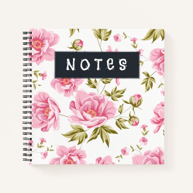 A Floral Pattern With Pink Flowers And Green Leave Notebook (Front)