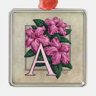 A for Azalea Flower Monogram Square Prem Ornament