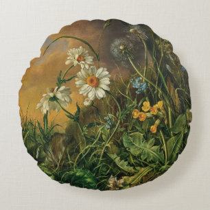 A Forest Floor with Daisies, Primroses, ... Round Cushion