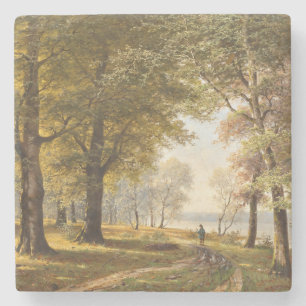 A Forest Path with Hiker in Autumn Stone Coaster