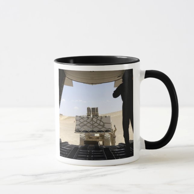 A forklift loads cargo onto a C-130 Hercules Mug (Right)