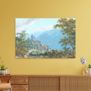 A Fortress in a Mountain Landscape at Sunrise Canvas Print