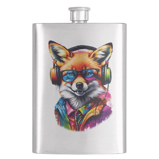 A fox in headphones and glasses hip flask (Front)