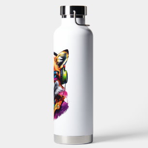 A fox in headphones and glasses water bottle