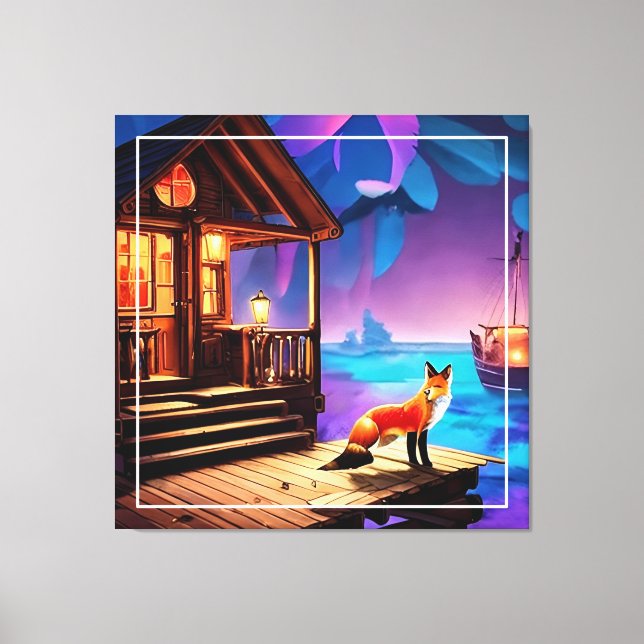 A Fox Sitting infront of The Cabin-47567 Canvas Print (Front)