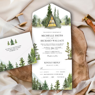 A-Frame Cabin Lodge Rustic Mountain Forest Wedding All In One Invitation