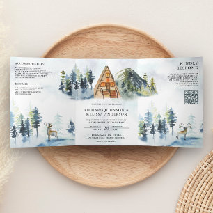 A-Frame Cabin Mountain Forest QR Code Wedding Tri-Fold Invitation