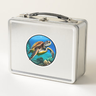 A friendly sea turtle swimming in the ocean metal lunch box