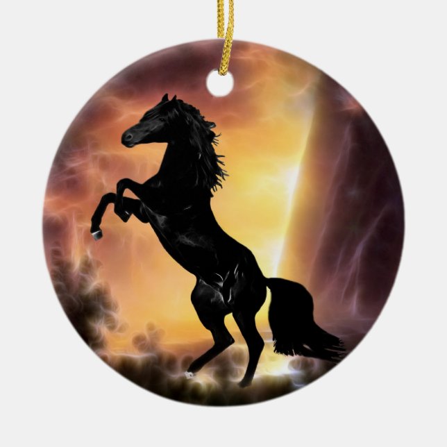 A Friesian Stallion horse rearing Ceramic Tree Decoration (Front)