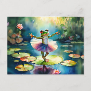 A frog ballerina dancing on a lotus leaf in a pond holiday postcard