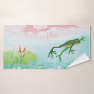 A Frog Jumps Into The Pond Illustration Bath Towel