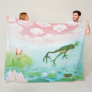 A Frog Jumps Into The Pond Illustration Fleece Blanket