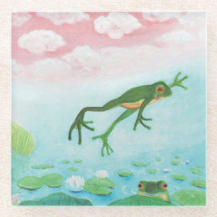 A Frog Jumps Into The Pond Illustration  Glass Coaster