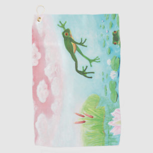 A Frog Jumps Into The Pond Illustration  Golf Towel