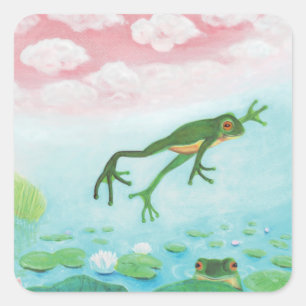 A Frog Jumps Into The Pond Illustration  Square Sticker