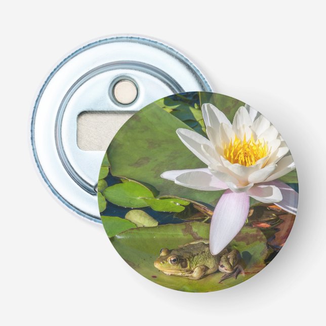 A frog under a water lily flower bottle opener (Front)