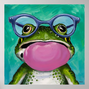 A frog wearing glasses and blowing a pink bubble  poster