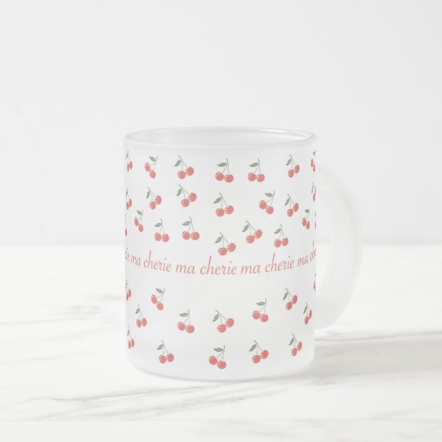 A frosted glass mug with cherry pattern  (Front Right)