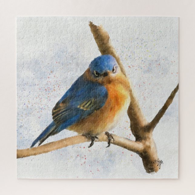 A Frowning Bluebird Rests On A Branch Jigsaw Puzzle (Vertical)