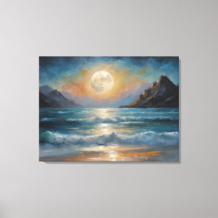 A full moon over the ocean with a mountain canvas print