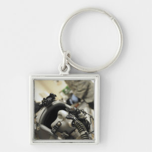 A fully assembled flight crew helmet key ring