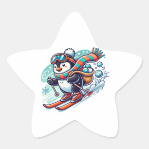 A fun and colourful penguin skiing with a scarf star sticker