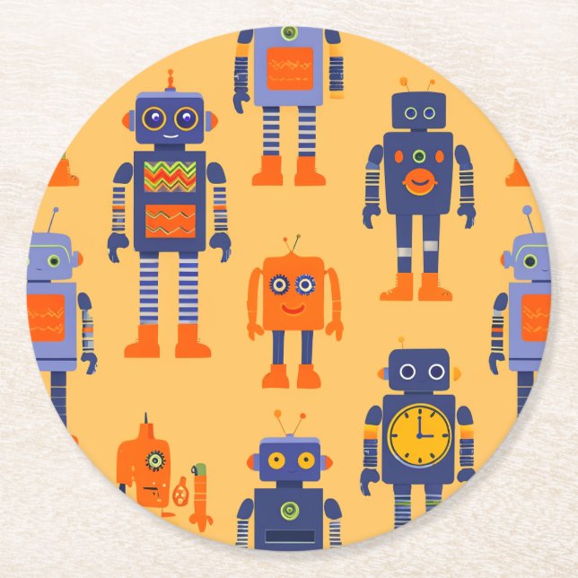 a fun meal with a robot and a child round paper coaster (Front)