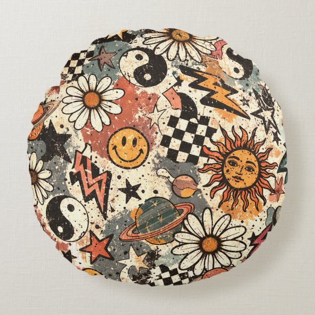 A fun retro 90s pattern featuring cheerful happy f round cushion (Front)