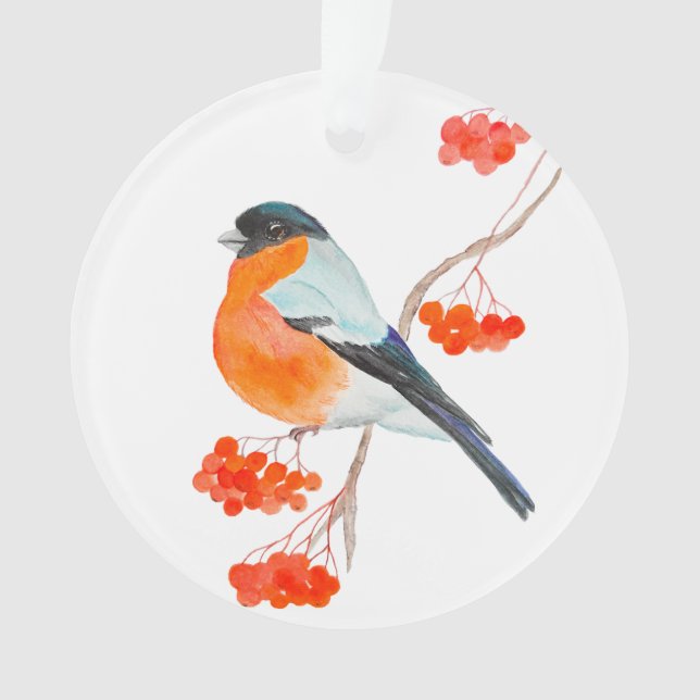 A funny bullfinch on a rowan tree branch ornament (Front)