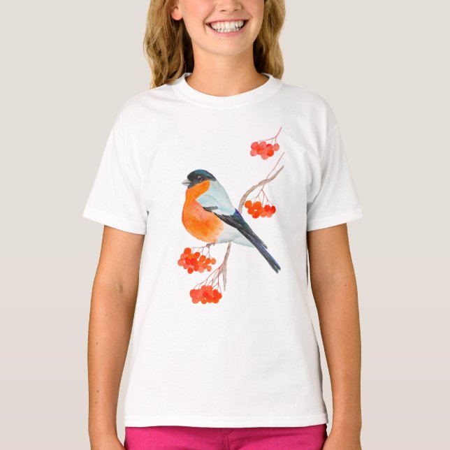 A funny bullfinch on a rowan tree branch T-Shirt (Front)