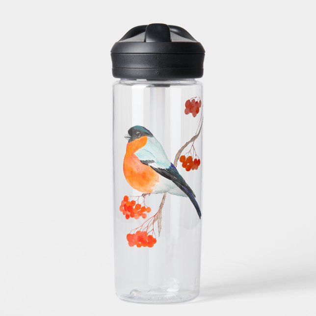 A funny bullfinch on a rowan tree branch water bottle (Front)