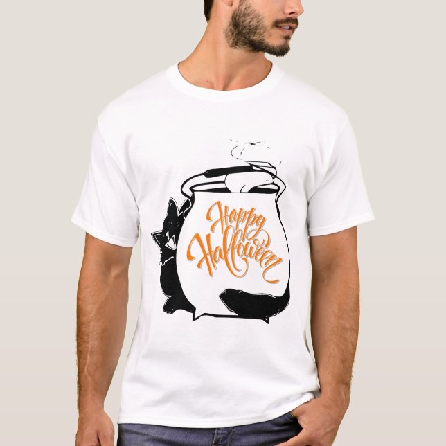A funny Cat Behind Cauldron, Happy Halloween T-Shirt (Front)