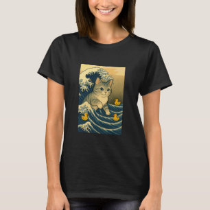 A Funny cat on a sea Wave with Three Ducks T-Shirt