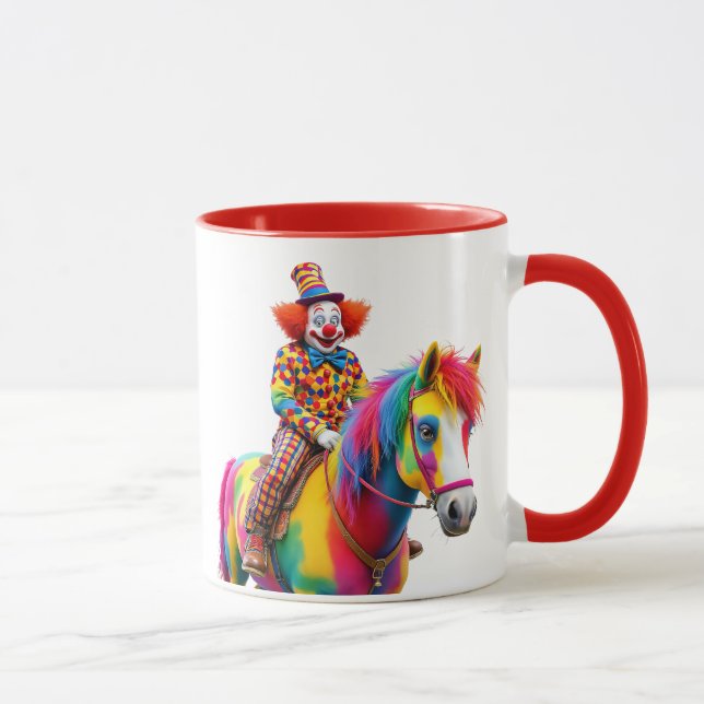 A funny clown riding a multicolored horse. mug (Right)