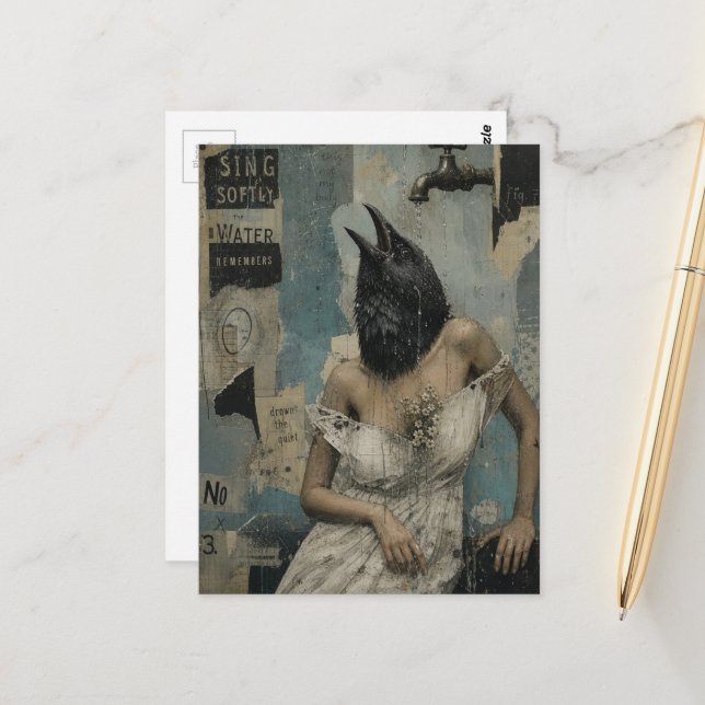 A Funny Crow in the Shower Collage Postcard (Front/Back In Situ)