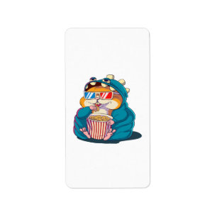 A funny hamster wearing glasses eats popcorn label