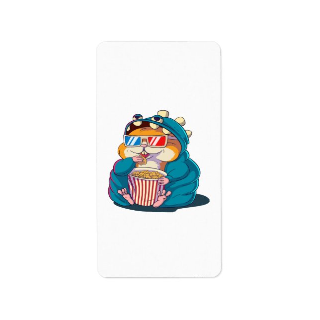 A funny hamster wearing glasses eats popcorn label (Front)