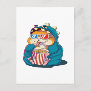 A funny hamster wearing glasses eats popcorn postcard