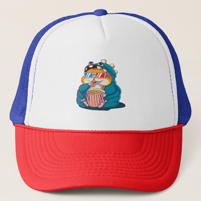 A funny hamster wearing glasses eats popcorn trucker hat (Front)