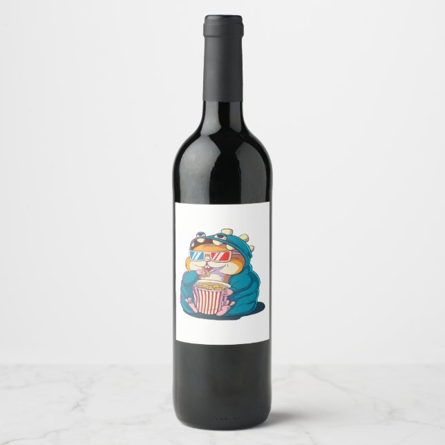 A funny hamster wearing glasses eats popcorn wine label (Front)