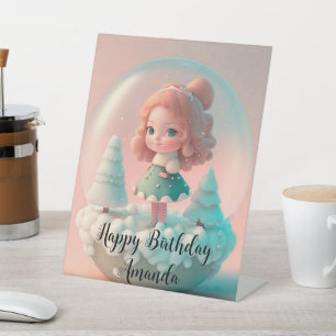 A funny little doll on a cloud  pedestal sign