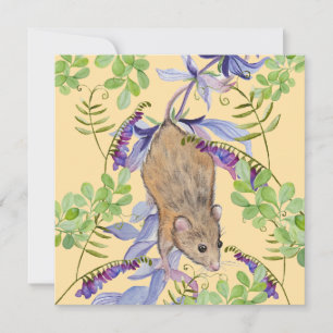 A funny mouse in a thicket of flowers. holiday card