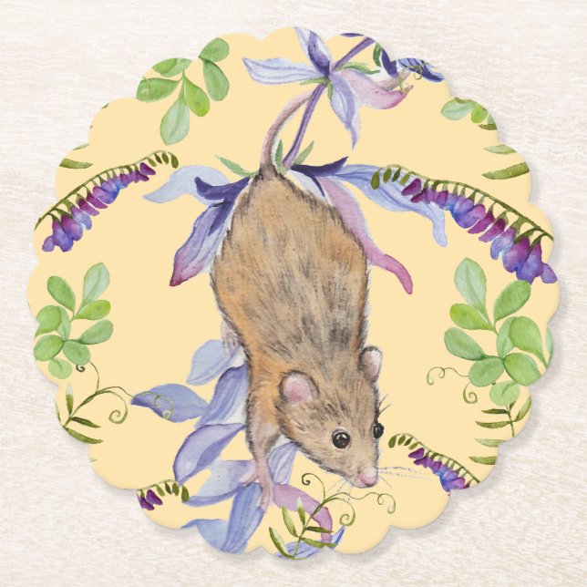 A funny mouse in a thicket of flowers. paper coaster (Front)