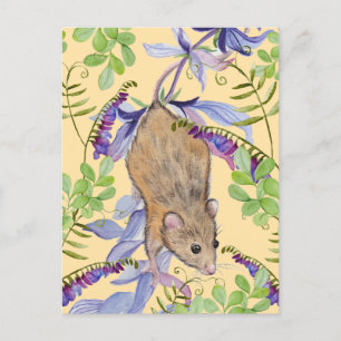 A funny mouse in a thicket of flowers. postcard