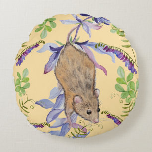 A funny mouse in a thicket of flowers. round cushion