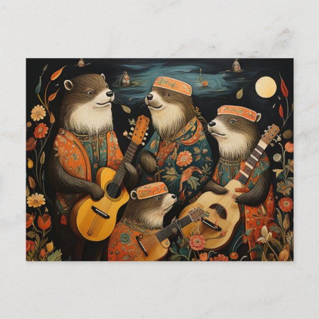 A funny quartet of adorable otter musicians postcard (Front)