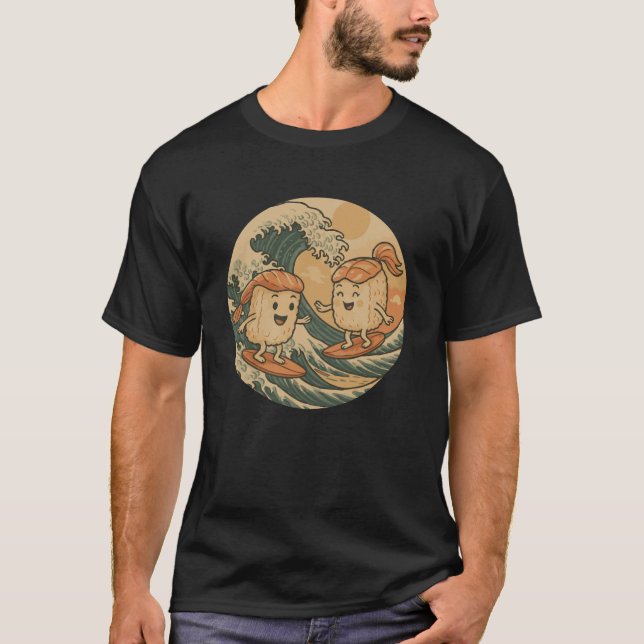 A Funny Rice Sushi Catching Waves T-Shirt (Front)