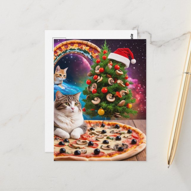 A Funny Santa Hat Christmas Tree Pizza Cats Postcard (Front/Back In Situ)
