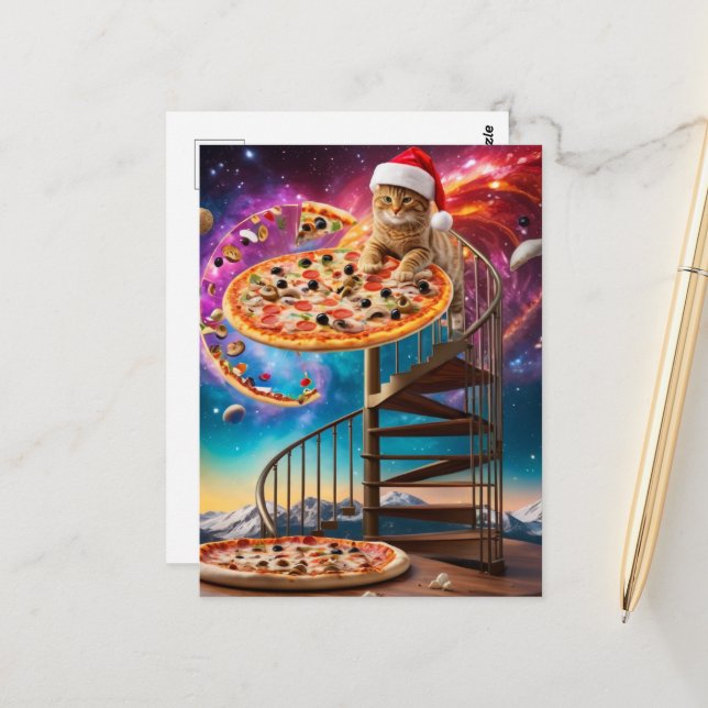 A Funny Surreal Santa Hat Christmas Pizza Cat Postcard (Front/Back In Situ)